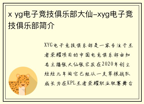 x yg电子竞技俱乐部大仙-xyg电子竞技俱乐部简介